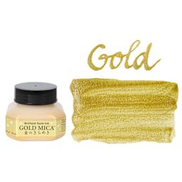 Kuretake Mica Calligraphy Ink - Brilliant Gold, 60 ml, Jar and swatch