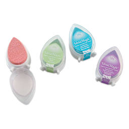 Tsukineko VersaMagic Dew Drop Ink Pads - Components of 4 pc Pretty Pastel pads shown, with 1 open
