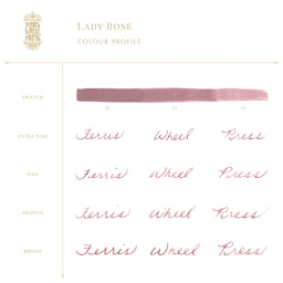 Ferris Wheel Press Fountain Pen Ink - Lady Rose, 38 ml (example of ink with different pen nibs)
