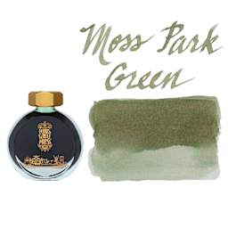 Ferris Wheel Press Fountain Pen Ink - Moss Park Green, swatch and bottle