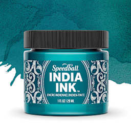 Speedball India Ink - Teal Agate, 1 oz, jar with swatch