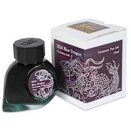 Colorverse Blue Dragon Fountain Pen Ink - Glistening Gold, 15 ml, jar next to the packaging box