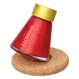 Endless Alchemy Fountain Pen Ink - Stardust Golden Sunburst, 45 ml bottle tilted on cork base