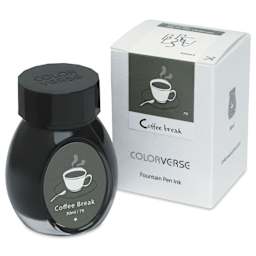 Colorverse Joy in the Ordinary Fountain Pen Ink - 79 Coffee Break, jar next to packaging