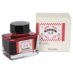 Kuretake Ink Cafe Meiji No Iro Pen Ink - 532 Light Red (Araishu), jar next to packaging box