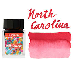 Sailor USA State Ink - North Carolina, Strawberry Red, 20 ml, swatch and bottle