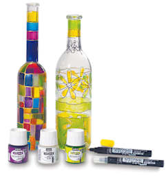 Pebeo Vitrea 160 Glass Paints - 3 Paints and 2 Markers (sold separately) shown with finished bottles