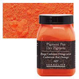 Sennelier Dry Pigment - Cadmium Red Orange, 110 g jar and swatch