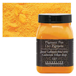 Sennelier Dry Pigment - Cadmium Yellow Deep, 150 g jar and swatch
