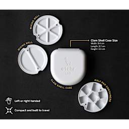 9.4 cm W x 9.7 cm L x 3.3 cm Clamshell case, two mixing wells, compartment for seven half pan containers. Left or right handed. Compact and built to travel.