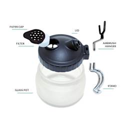 Filter cap, filter, lid, airbrush hanger, stand, and glass pot