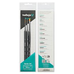 Vallejo Synthetic Golden Toray Hobby Brushes - Precision Starter, Set of 3, front and back of packaging