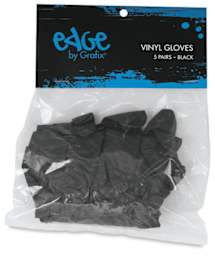 Grafix Edge Vinyl Gloves - Package of 10 Black gloves shown in bag with hang tag 