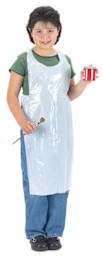 Children's Large Disposable Plastic Apron - Child wearing apron holding paint and brush