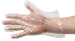 Disposable Plastic Gloves - Right hand extended wearing clear disposable glove
