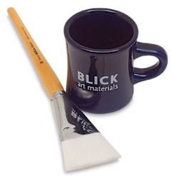 Blick Mega White Synthetic Brush - Mega Flat, Short Handle, Size 50 (Brush shown next to mug)