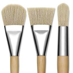 Blick Mega Natural Bristle Brushes - A closeup of Filbert, Flat and Round Mega brushes