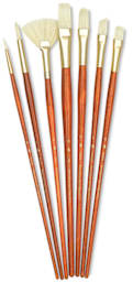 Real Value Bristle Brushes. Long handle. Includes Round 2 and 6, Bright 6, Filbert 8, Fan 6, Flat 10, and Angular 6.