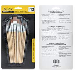 Blick Essentials Value Brush Set - Assorted Brushes, Brown Nylon, Set of 12, front and back of packaging