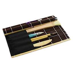 Yasutomo Natural Brush Holder - Dark Brown, 10-1/2" x 11-3/4", unrolled with tools (not included)