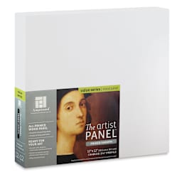 Ampersand Value Series Artist Panels - Angled view of front of Primed Smooth Panel package