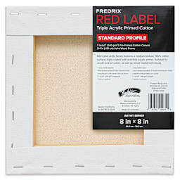 Fredrix Red Label Cotton Canvas - 8" x 8", 3/4" Profile, back of packaging