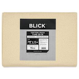 Blick Unprimed Cotton Canvas - Heavyweight Medium-Rough Texture, 76" x 4 yds, close-up of label