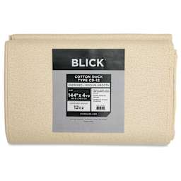Blick Unprimed Cotton Canvas - Medium Weight, Medium-Smooth Texture, 144" x 4 yds, close-up of label