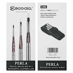 Escoda Perla Toray White Synthetic Travel Brushes - Set of 3, Bright, front and back of packaging
