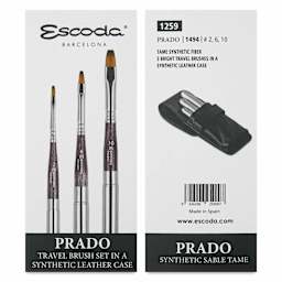 Escoda Prado Tame Synthetic Sable Travel Brushes - Set of 3, Bright, front and back of packaging