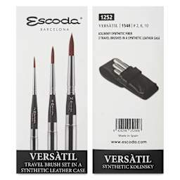 Escoda Versàtil Synthetic Kolinsky Travel Brushes - Set of 3, Round, front and back of packaging