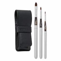 Escoda Versàtil Synthetic Kolinsky Travel Brushes - Set of 3, Filbert, with included synthetic leather carrying case.