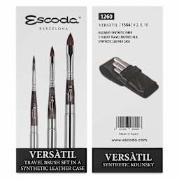 Escoda Versàtil Synthetic Kolinsky Travel Brushes - Set of 3, Filbert, front and back of packaging