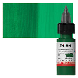 Tri-Art Low-Viscosity Artist Acrylic - Permanent Green Light, 34 ml Tube and swatch