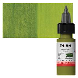 Tri-Art Low-Viscosity Artist Acrylic - Green Gold, 34 ml Tube and swatch