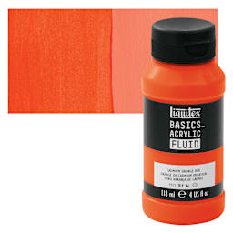 Liquitex Basics Acrylic Fluid Paint - Cadmium Orange Hue, 118 ml bottle and swatch