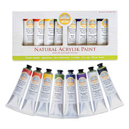 Natural Earth Paint Natural Acrylik Paints - Set of 8, Classic Colors, 59 ml tubes in and out of packaging