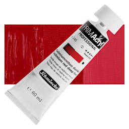 Schmincke Primacryl Professional Acrylic Paint - Cadmium Red Deep Hue, 60 ml Tube and swatch
