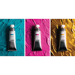 Tubes of Cobalt Teal, Magenta, and Classic Gold Schmincke Primacryl Professional Acrylics