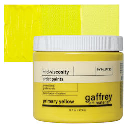 Gaffrey Art Material Standard Body Acrylic Paint - Primary Yellow, 473 ml jar and swatch