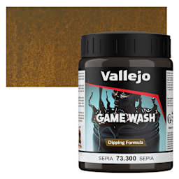 Vallejo Game Color Fluid Acrylic Wash - Sepia, 200 ml jar and swatch