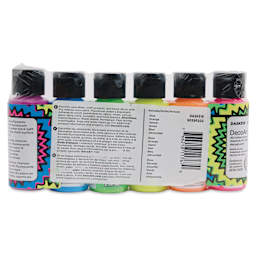 DecoArt Black Light Neon Acrylic Paint Set - Set of 6, 2 oz, back of packaging