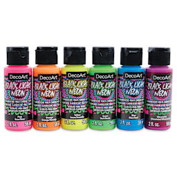 DecoArt Black Light Neon Acrylic Paint Set - Set of 6, 2 oz, front of bottles