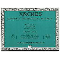 Arches Watercolor Blocks - 9" x 12", Cold Press, 300 lb (640 gsm), 10 sheets. Teal cover.