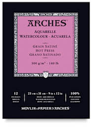 Arches Watercolor Pad - 9'' x 12'', 140 lb, Hot Press, Fold-over, 12 Sheets