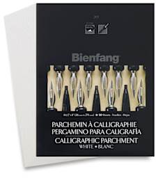 Bienfang Calligraphic Parchment Paper - Cover of White Paper pad shown, with fan of sheets behind