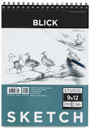Blick Studio Sketch Pad-9" x 12" 100 Sheets. Front of pad, wirebound at top.