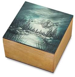 Ampersand Claybord Hinged Boxes - Angled view of closed Box with painting on lid
