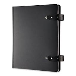Prat Leather Spiral Presentation Book -  14" x 11", Double Tab Closure, Black, Portrait shown at an angle