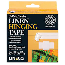Lineco Self-Adhesive Linen Hinging Tape - 1-1/4" x 35 ft, front of the packaging